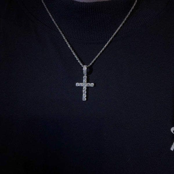 Rhodium-Plated Sterling Silver Cross Pendant with Moissanite or Cubic Zirconia | Includes Rope or Tennis Chain