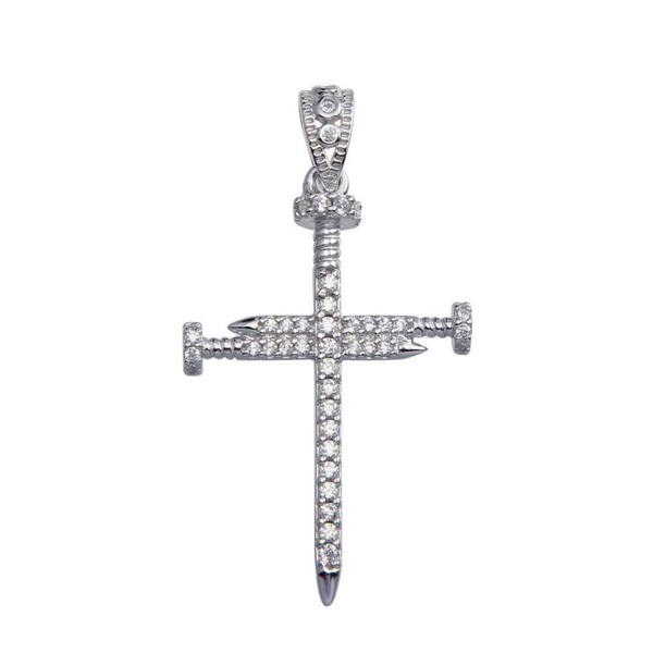 Rhodium-Plated Sterling Silver Nail Cross Pendant with Moissanite or Cubic Zirconia | Includes Rope Chain Options – Aventine Jewelry