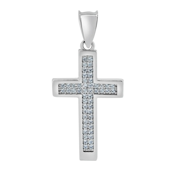 Rhodium-Plated Sterling Silver Double Row Inlaid Cross Pendant with Moissanite or CZ | Rolo Chain Options – Aventine Jewelry