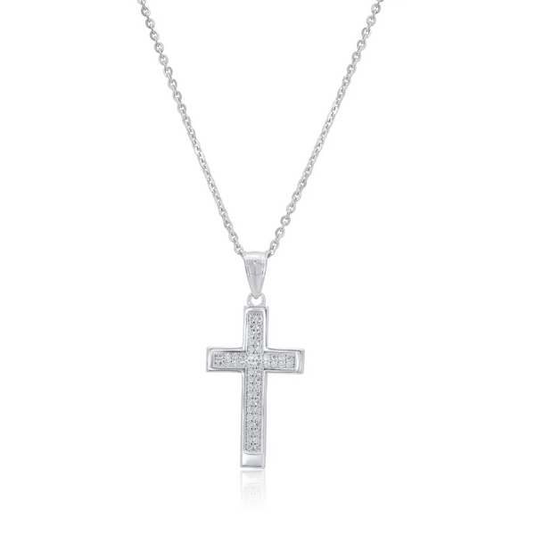 Rhodium-Plated Sterling Silver Double Row Inlaid Cross Pendant with Moissanite or CZ | Rolo Chain Options – Aventine Jewelry