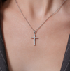 Rhodium-Plated Sterling Silver Single Row Moissanite Inlaid Cross Pendant | Rolo Chain Options – Aventine Jewelry