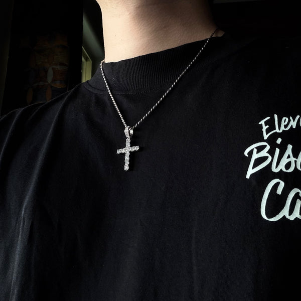 Rhodium-Plated Sterling Silver Cross Pendant with Moissanite or Cubic Zirconia | Includes Rope or Tennis Chain