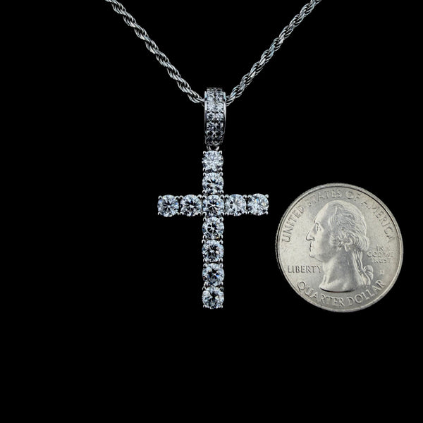 Rhodium-Plated Sterling Silver Cross Pendant with Moissanite or Cubic Zirconia | Includes Rope or Tennis Chain
