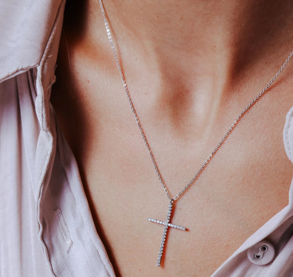 Rhodium-Plated Sterling Silver Cross Necklace with Cubic Zirconia | Adjustable 16–18” Chain – Aventine Jewelry