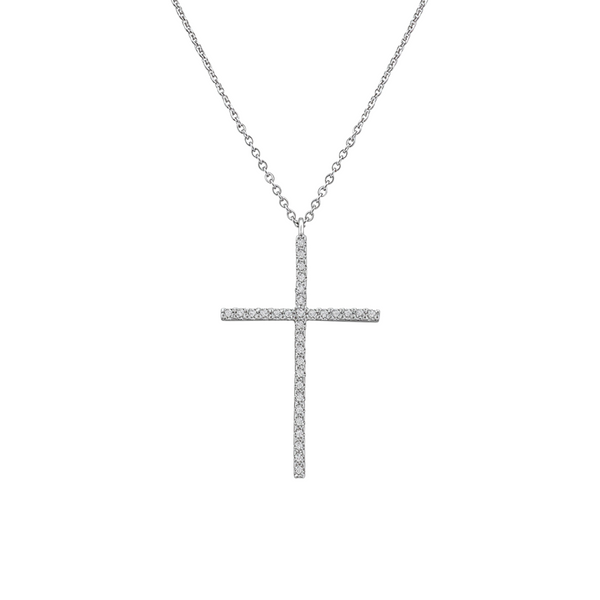 Rhodium-Plated Sterling Silver Cross Necklace with Cubic Zirconia | Adjustable 16–18” Chain – Aventine Jewelry
