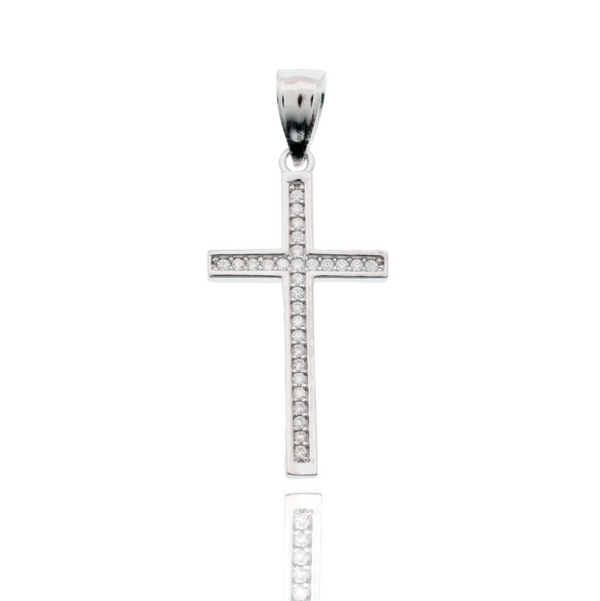 Rhodium-Plated Sterling Silver Single Row Moissanite Inlaid Cross Pendant | Rolo Chain Options – Aventine Jewelry