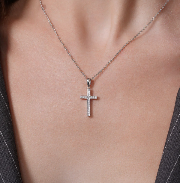 Rhodium-Plated Sterling Silver Single Row Moissanite Inlaid Cross Pendant | Rolo Chain Options – Aventine Jewelry
