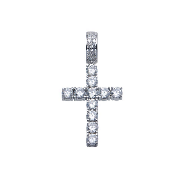 Rhodium-Plated Sterling Silver Cross Pendant with Moissanite or Cubic Zirconia | Includes Rope or Tennis Chain